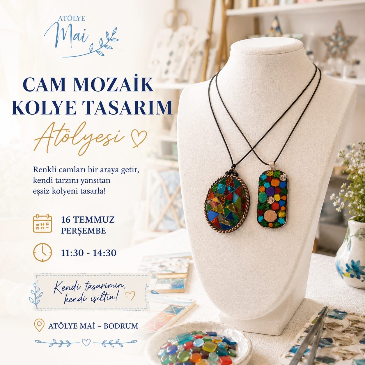 Cam Mozaik Kolye Tasarım Atölyesi — Bodrum Atölye Mai